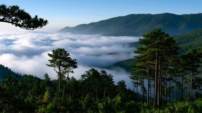 Pine trees rise above a sea of clouds nestled among rolling forested mountains under clear morning sky