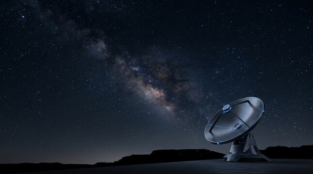 Modern satellite dish antenna pointed towards the Milky Way galaxy under a starry night sky