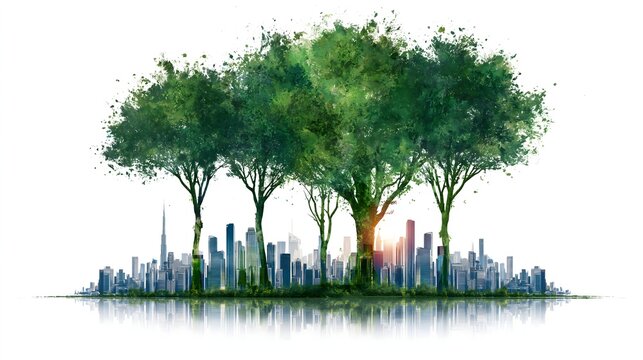 Green trees forming canopy over city skyline reflected in water