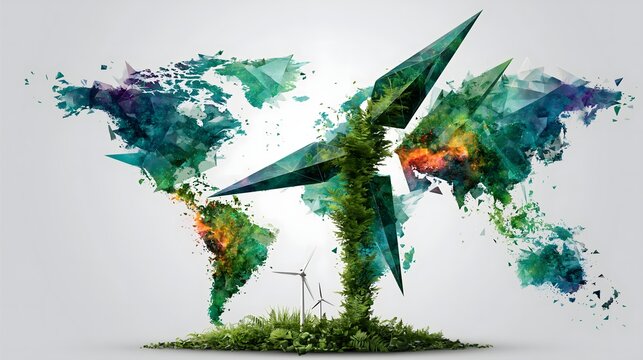 Abstract world map with green tree and wind turbines for global sustainability concept