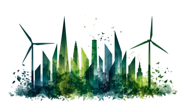 Green watercolor industrial city skyline with wind turbines and smokestack for clean energy