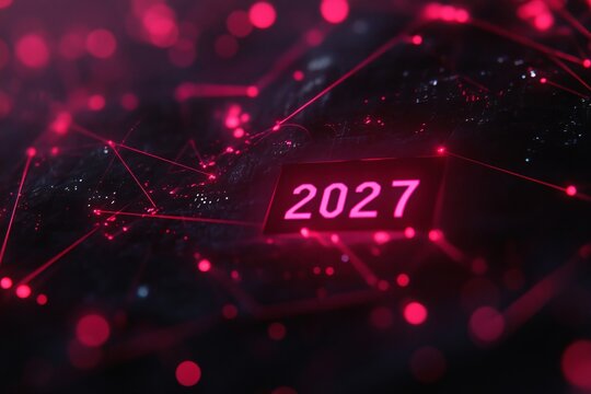 Abstract red background featuring luminous connectivity dots or nodes with number text 2027 center.