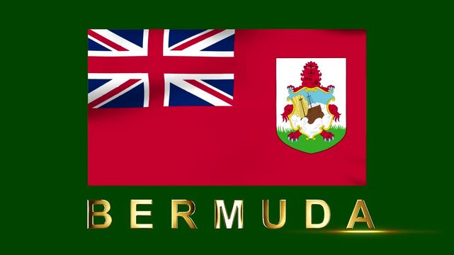 Waving flag of Bermuda with the name written in gold metallic letters on a deep green background