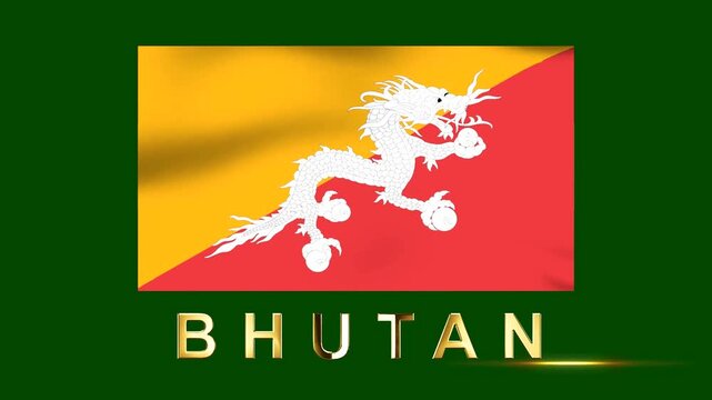 Waving flag of Bhutan with the word Bhutan written in golden metallic letters on a green background