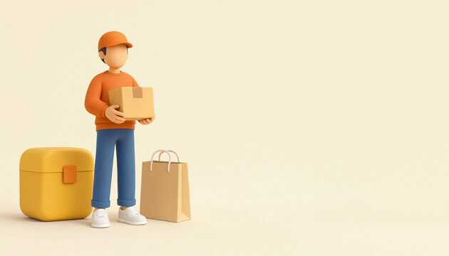 3D illustration of a courier holding a cardboard parcel box with thermal bag and paper sack for delivery service