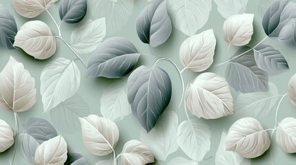 Fototapeta premium Seamless Pattern Featuring Soft Pale Green Background With Delicate White And Gray Leaf Motifs Art