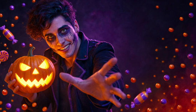 Handsome young man in Halloween zombie makeup holding lit pumpkin and reaching out surrounded by flying candies
