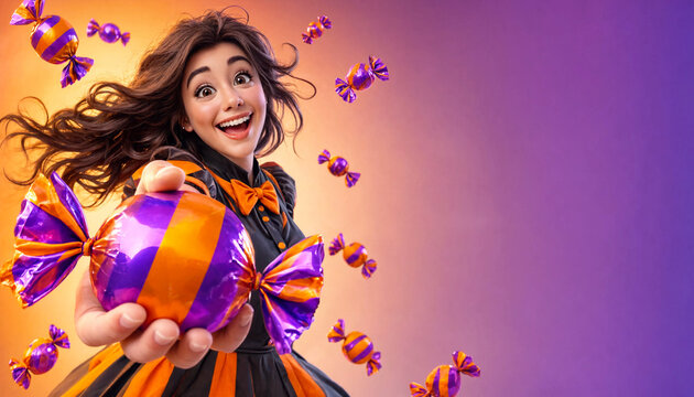 Enthusiastic cartoon girl offering huge wrapped Halloween candy surrounded by sweet treats in motion