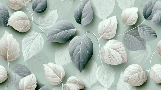 Seamless Pattern Featuring Soft Pale Green Background With Delicate White And Gray Leaf Motifs Art
