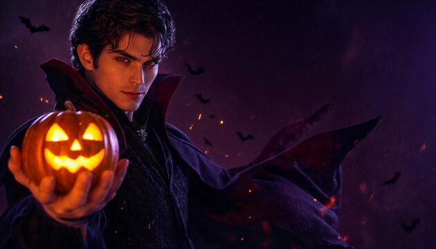 Handsome vampire man with red eyes holding glowing carved pumpkin with flying bats on dark background