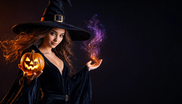 Stunning witch in black pointed hat holding glowing jack-o-lantern with purple magic spark in her hand