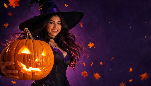 Smiling witch in purple corset and pointed hat holding glowing carved pumpkin with autumn leaves around