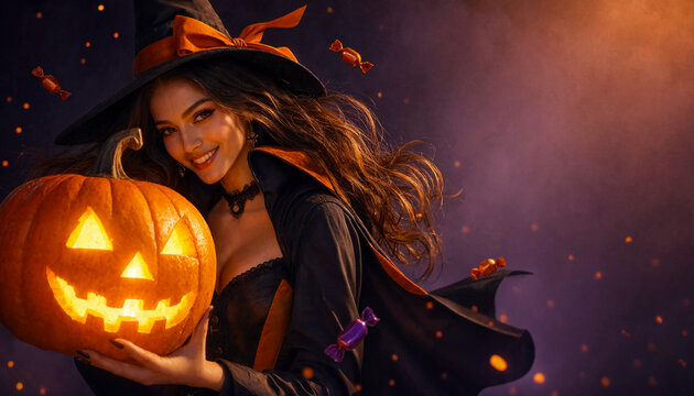 Smiling beautiful witch holding large glowing carved Halloween pumpkin with flying candies around her