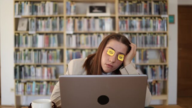 Office employee stares blankly at her laptop with funny sticky note eyes showing boredom mental fatigue and loss of focus during a long monotonous corporate workday routine