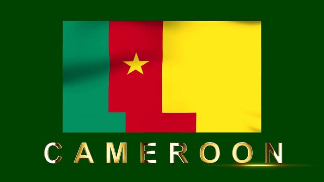 Waving flag of Cameroon with golden metallic text on a dark green background