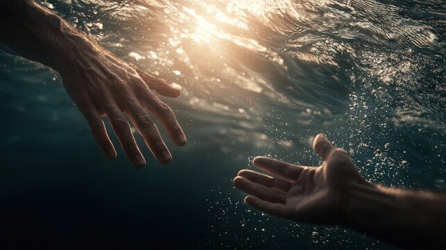 Jesus reaching out to save Peter beneath the waters in a moment of faith and rescue.