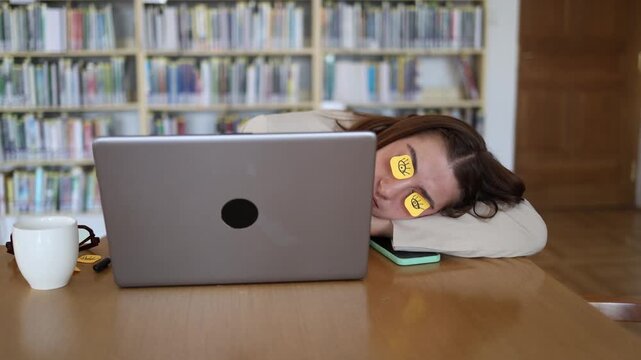 Office worker secretly naps behind her laptop with funny drawn eyes on sticky notes showing workplace exhaustion burnout long hours and humorous attempt to hide her sleep
