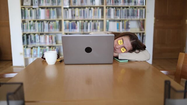 Young freelancer falls asleep at her laptop during a long workday using funny sticky notes as fake eyes showing remote work fatigue burnout and office humor at workplaces