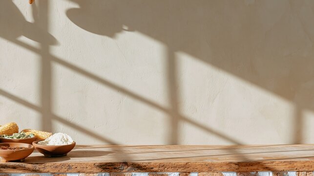 Empty clay plaster wall mockup with warm window shadows and corn on a rustic wooden counter for Hispanic Heritage Month and Latin food messaging