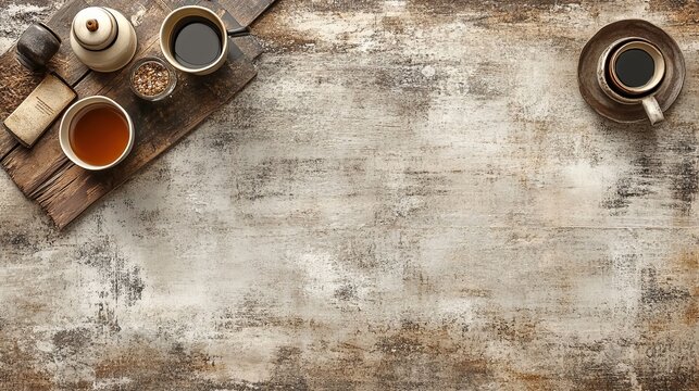 Top View of Minimalist Work Or Food Composition on Rustic Painted Wooden Table with Beverage Cups