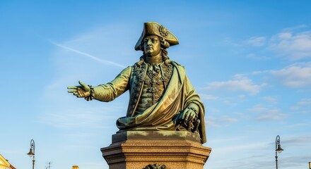 Obraz premium A detailed bronze statue stands as a historical monument in an old city square, featuring intricate carvings and a textured stone base, foundation, detail, antique