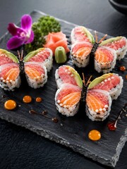 Creative butterfly shaped salmon sushi maki set served on black board  © Khadija