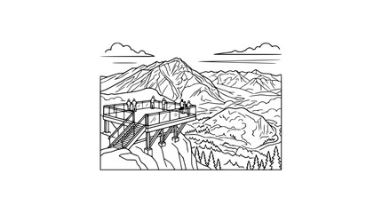 Fototapeta premium People enjoying scenic mountain view from high altitude observation deck illustration