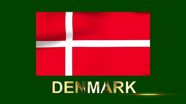 Waving flag of Denmark with golden text lettering on a green background