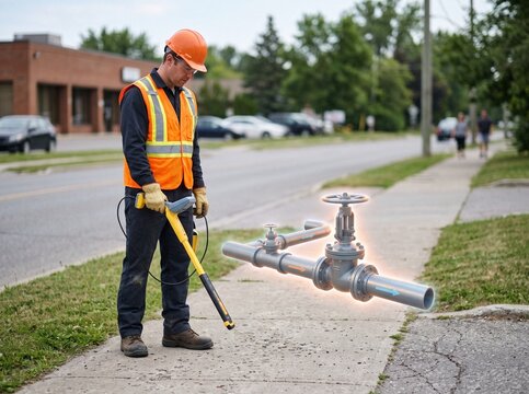 Utility technician using electromagnetic locator wand to detect holographic gas pipeline