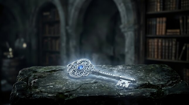 Ornate silver key with glowing gem rests on stone in library