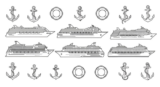Cruise Ship Line Art Elements: Minimalist Nautical Icon Set on White Background
