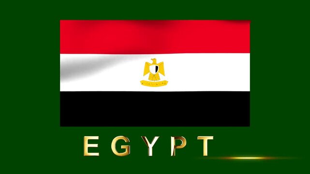 Waving flag of Egypt with golden letters spelling out the country name on a dark green background
