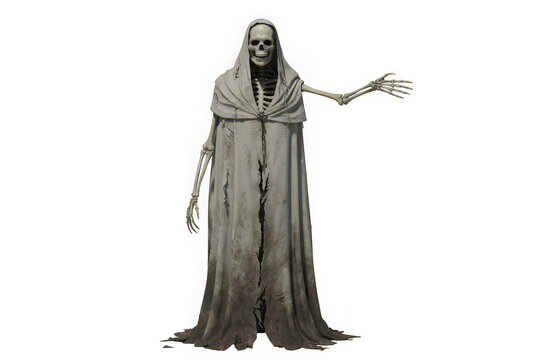 Eerie skeletal figure in flowing robes beckons with outstretched bony hand in dark fantasy concept art