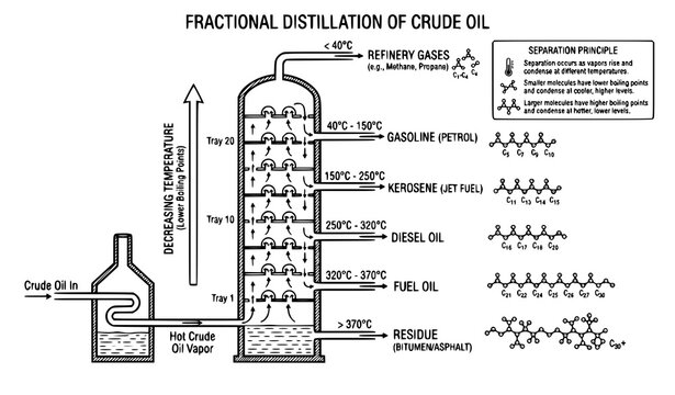 Fractional Distillation of Crude Oil Educational Diagram Vector Black and White