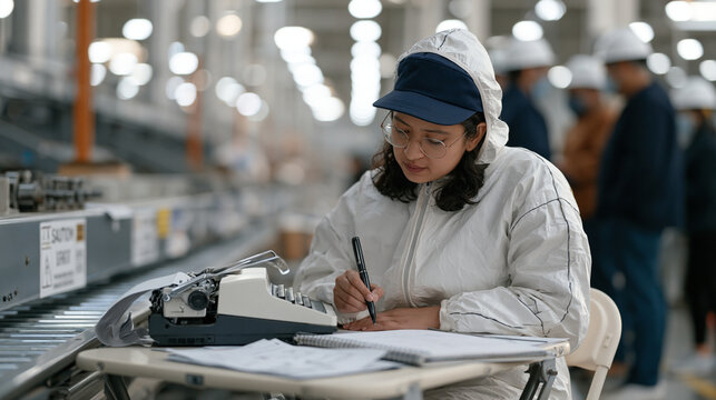 A court reporter in protective gear documents a family-owned factory floor compliance inspection, her steno machine balanced on a folding table amid safety signage, conveyor