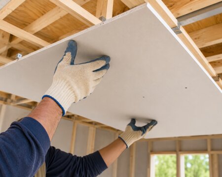 A construction worker installing a large drywall panel onto wooden ceiling joists in a building.