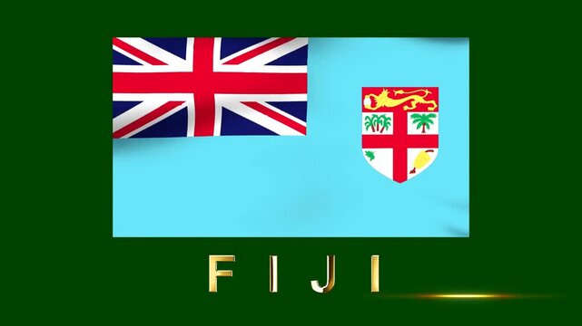 Waving flag of Fiji with gold metallic text on a dark green background
