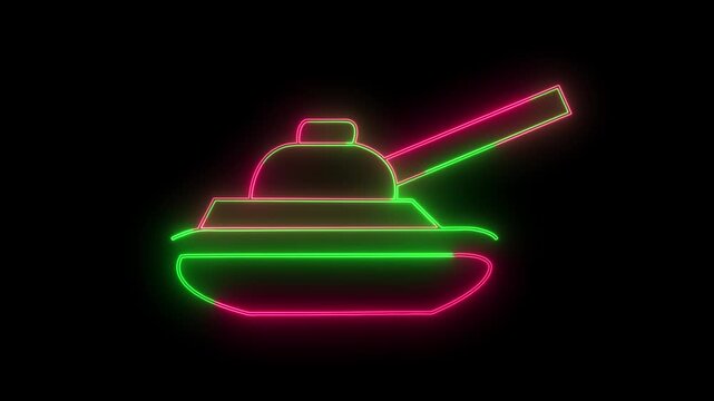 Neon glowing military tank icon animation seamless loop on black background