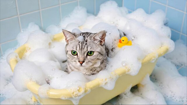 Cat relaxing in bubble bath with rubber duck