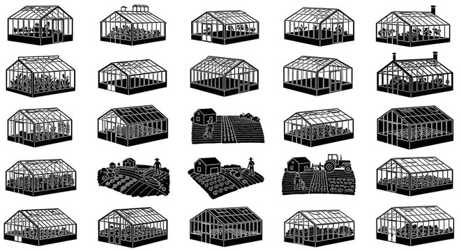 Greenhouse and Organic Farming Silhouette Grid Set on White Background