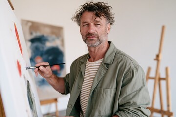 Fototapeta premium Middle-aged male artist portrait painting on canvas in bright studio for workshop background and creative banner design