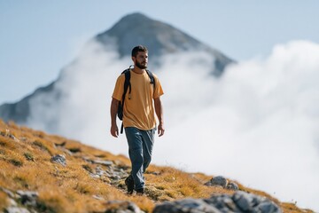 Fototapeta premium Man hiking on an alpine mountain ridge with backpack and clouds for outdoor adventure banner, nature travel background and hiking poster design