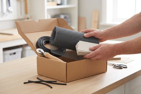 Hands packing a roll of window screen mesh and spline into a cardboard box