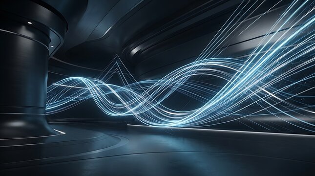 Futuristic data streaming lines in cybernetic dark environment with technology abstract connection information