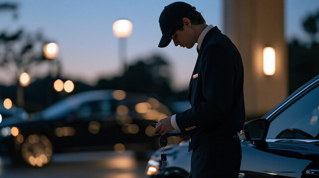 A valet parking attendant in a dark uniform stands beside a luxury vehicle key board in twilight blue light, aftermath of an upscale hospital gala visible in the distance as