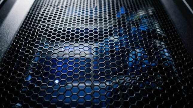 Black hexagonal metal mesh grill with glowing blue internal light