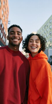Happy multicultural couple wearing red and orange hoodies standing in city light for lifestyle banner and social media portrait background