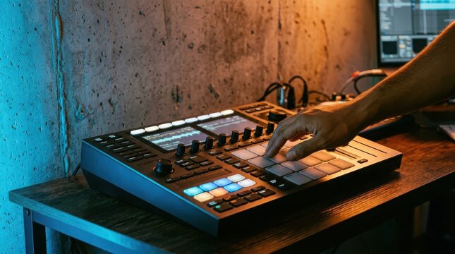Hand playing music production controller on desk with concrete wall