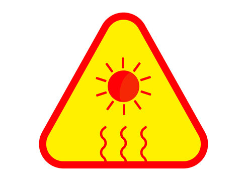 Sun heat warning sign vector illustration, hot temperature safety caution symbol on black background, heatwave danger triangular icon graphic