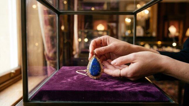 Hands holding a teardrop lapis lazuli pendant in a glass display case